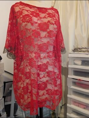Red Floral Lace Tunic Cover-Up